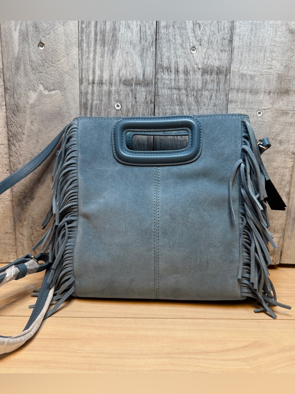 MAJE NWT BLUE SUEDE EMBELLISHED FRINGE BAG - Picture 10 of 14